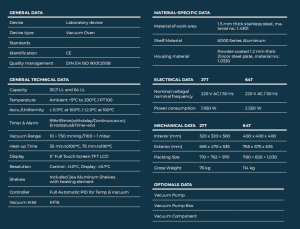 Tủ sấy chân không thông số kĩ thuật