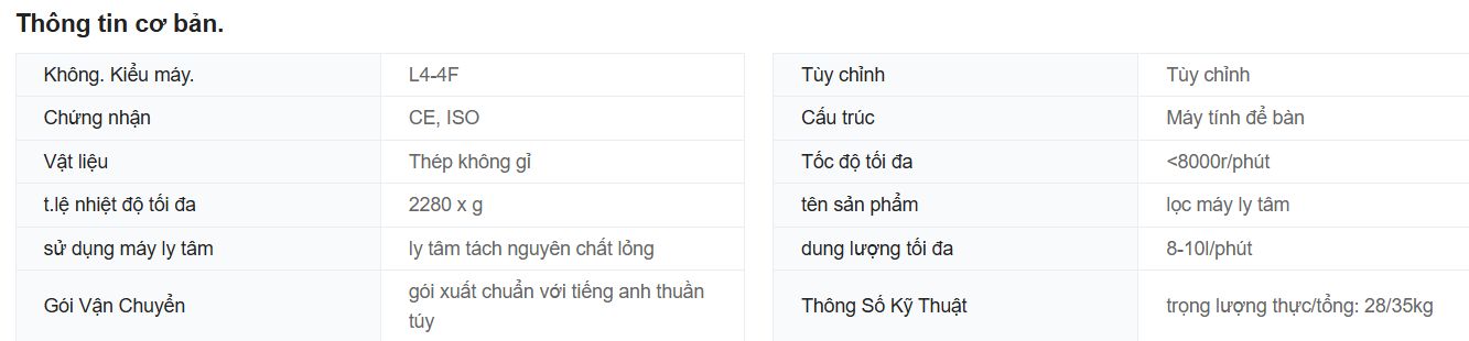 Thông số MÁY LY TÂM LỌC TÁCH NƯỚC, DỊCH CHIẾT Kecheng L4-4F